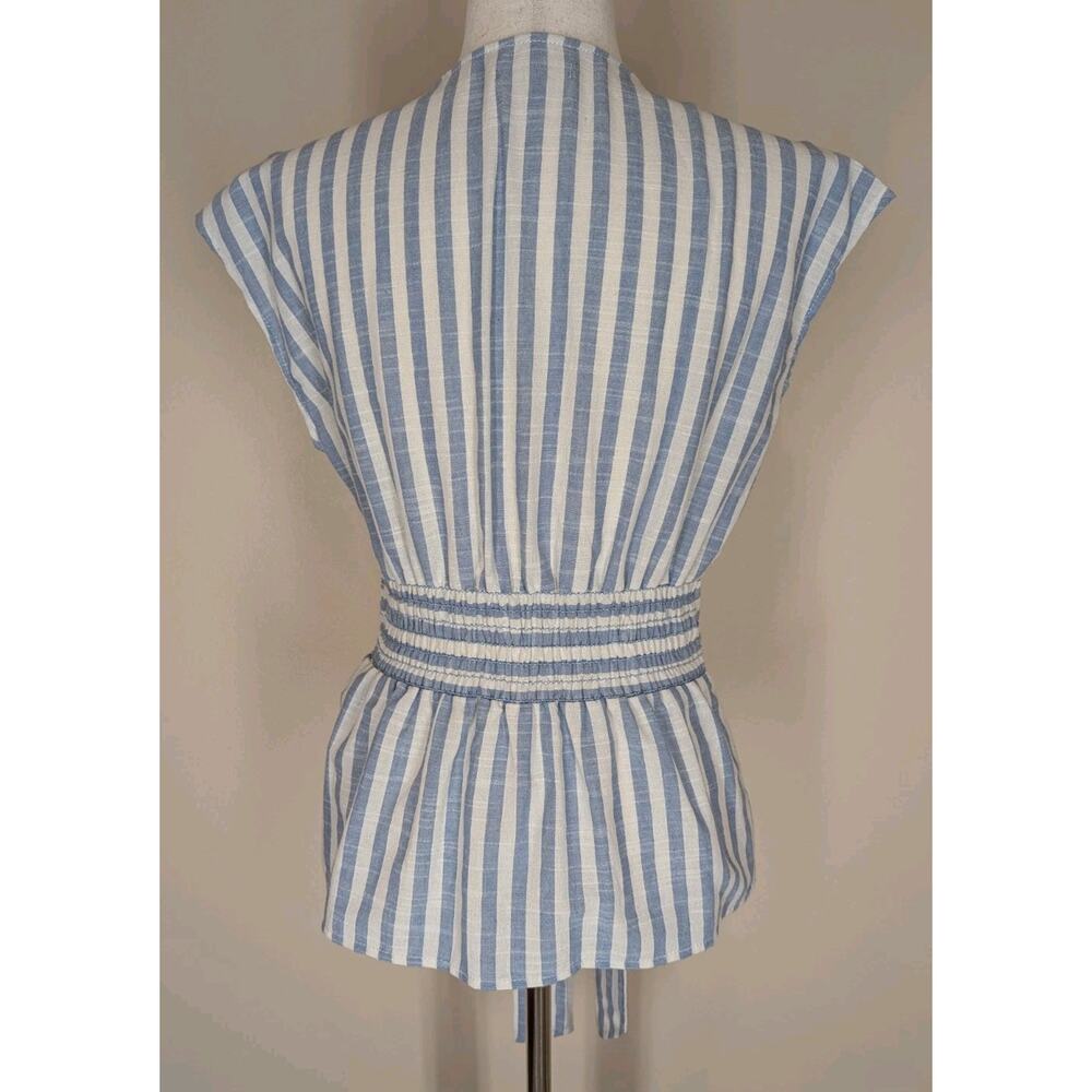 Max Studio Women's V-neck Sleeveless Blue White Striped Belted Blouse Size Small - Picture 5 of 12